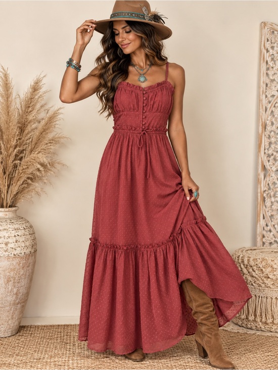 Patrons of Peace Dresses & Skirts - Patrons of Peace Rust Red Smocked Spaghetti-Strap Maxi Dress